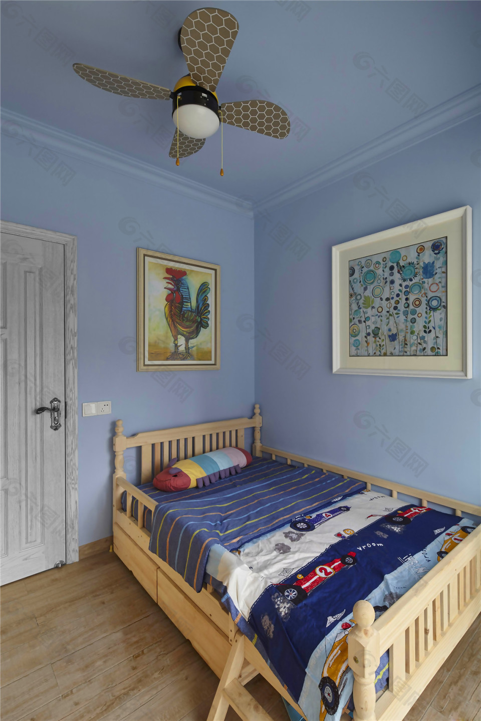 蓝色背景墙儿童卧室效果图