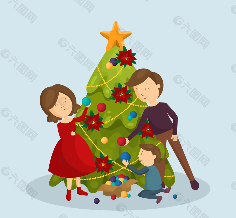 可爱的家庭场景与圣诞树
