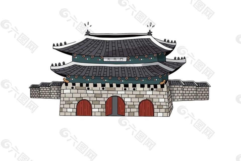 手绘中式城门楼元素