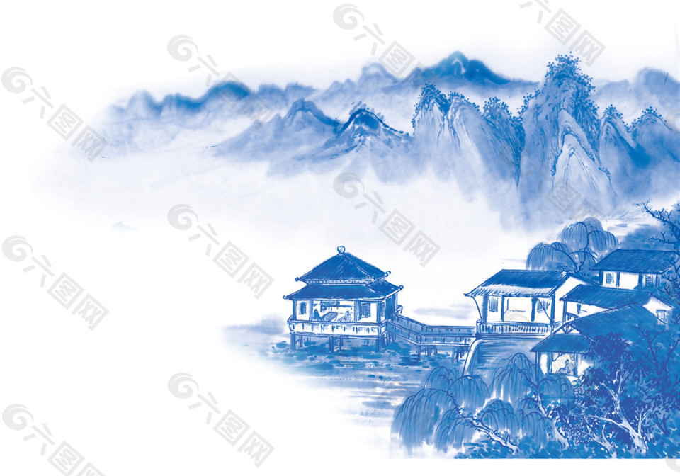 中国风阁楼水墨山水装饰元素