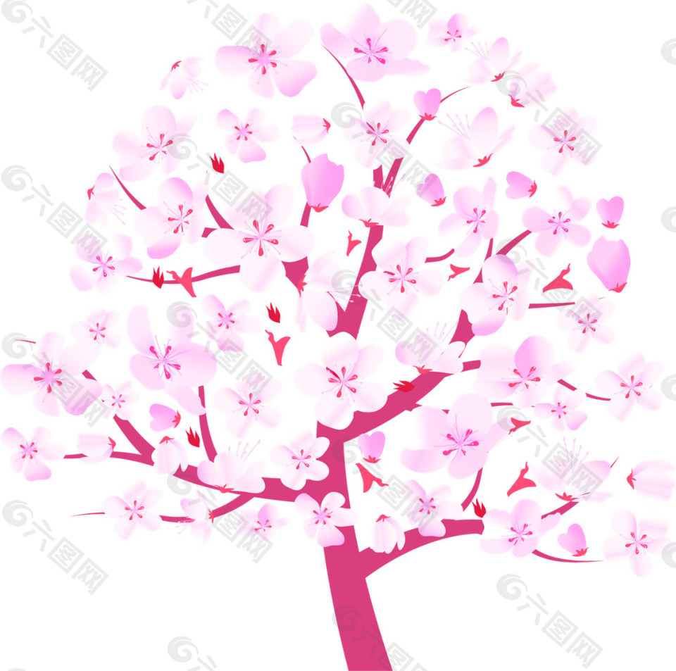 清新风格粉色树干樱花装饰元素