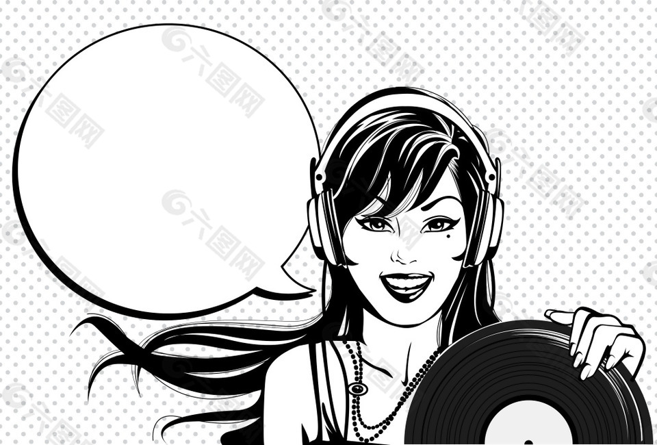 黑白绘拿唱片的女人插画