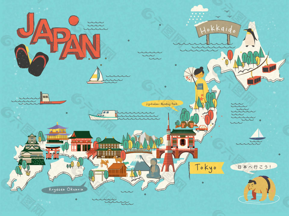 卡通手绘特色日本旅行插画
