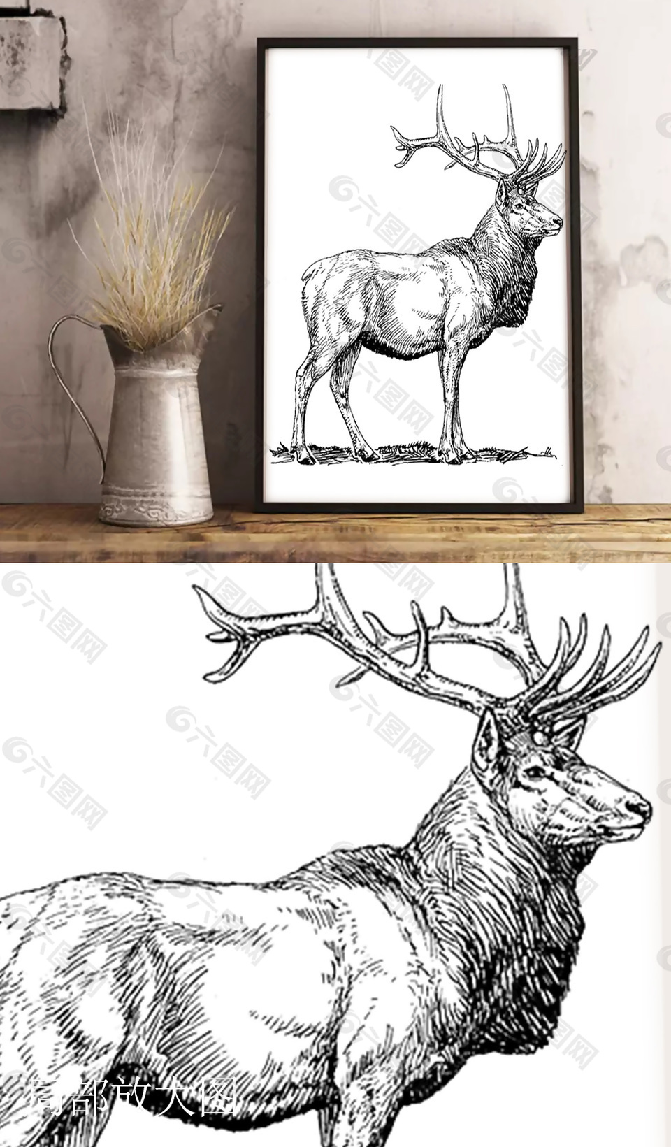 黑白线描麋鹿装饰画