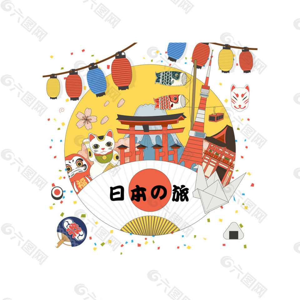 清新简约彩色灯笼日本旅游装饰元素