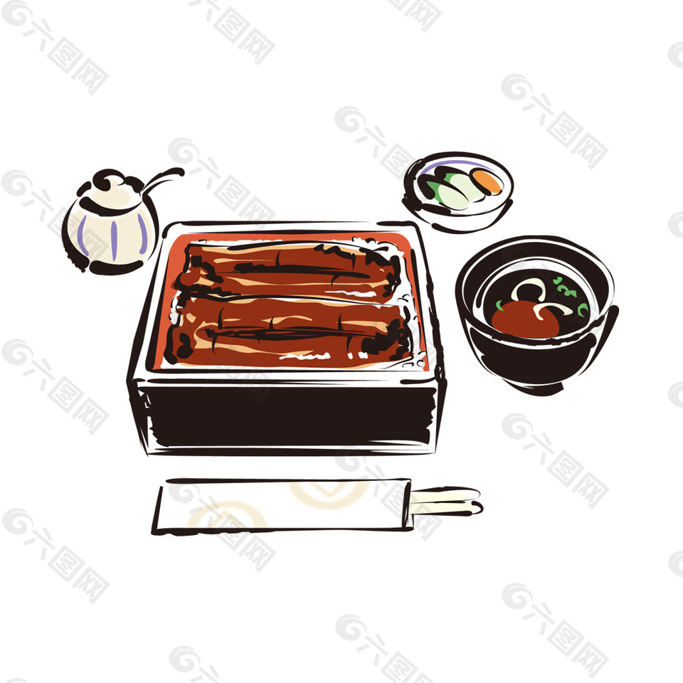 清新手绘鳗鱼饭料理美食装饰元素