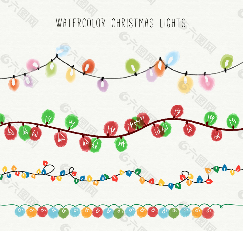 4款水彩绘圣诞彩灯串矢量素材