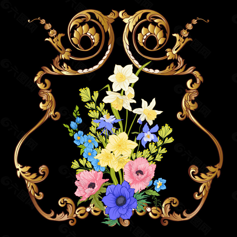 金属花纹边框与花朵图片