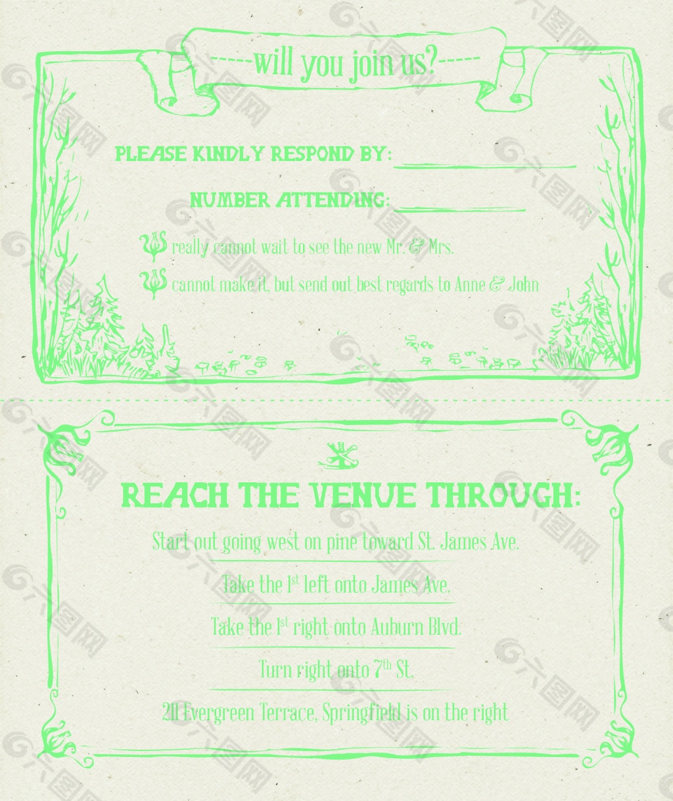 绿色森林系环保类型的婚礼邀请函内容界面