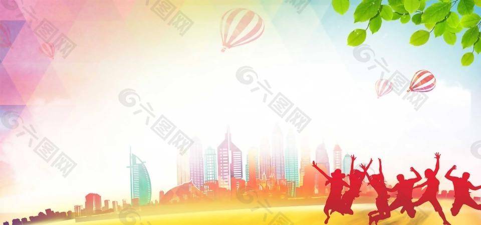 手绘绿色叶子人物运动背景