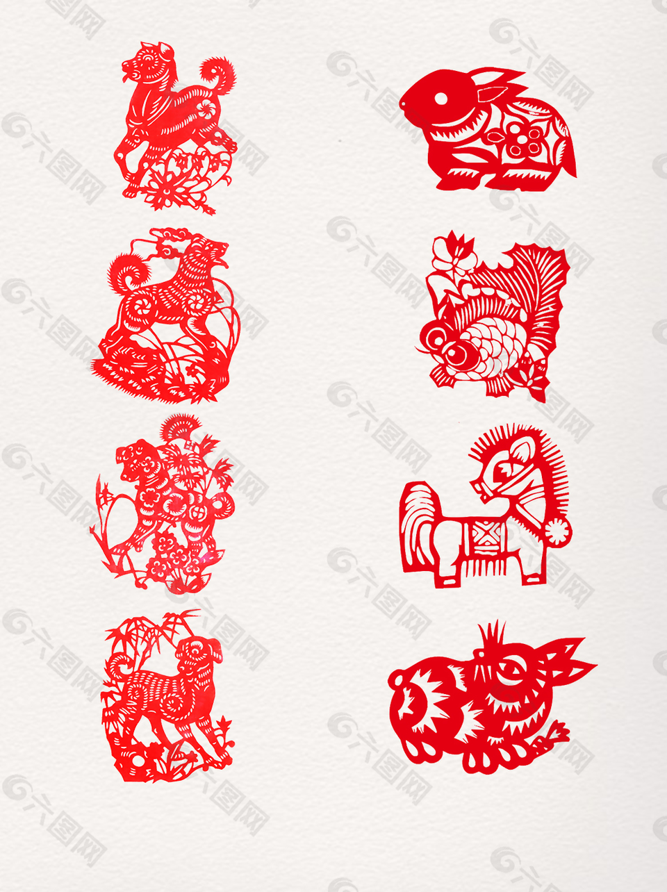 中国传统中国红动物剪纸素材