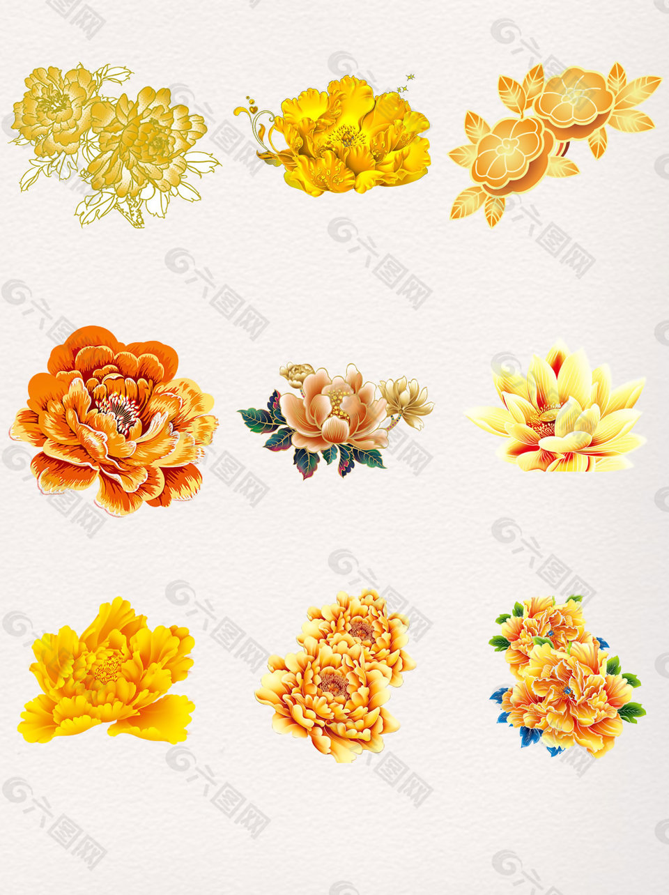 中国风金色花纹牡丹花装饰元素