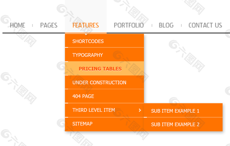橘黄色的企业网站下拉菜单导航设计素材