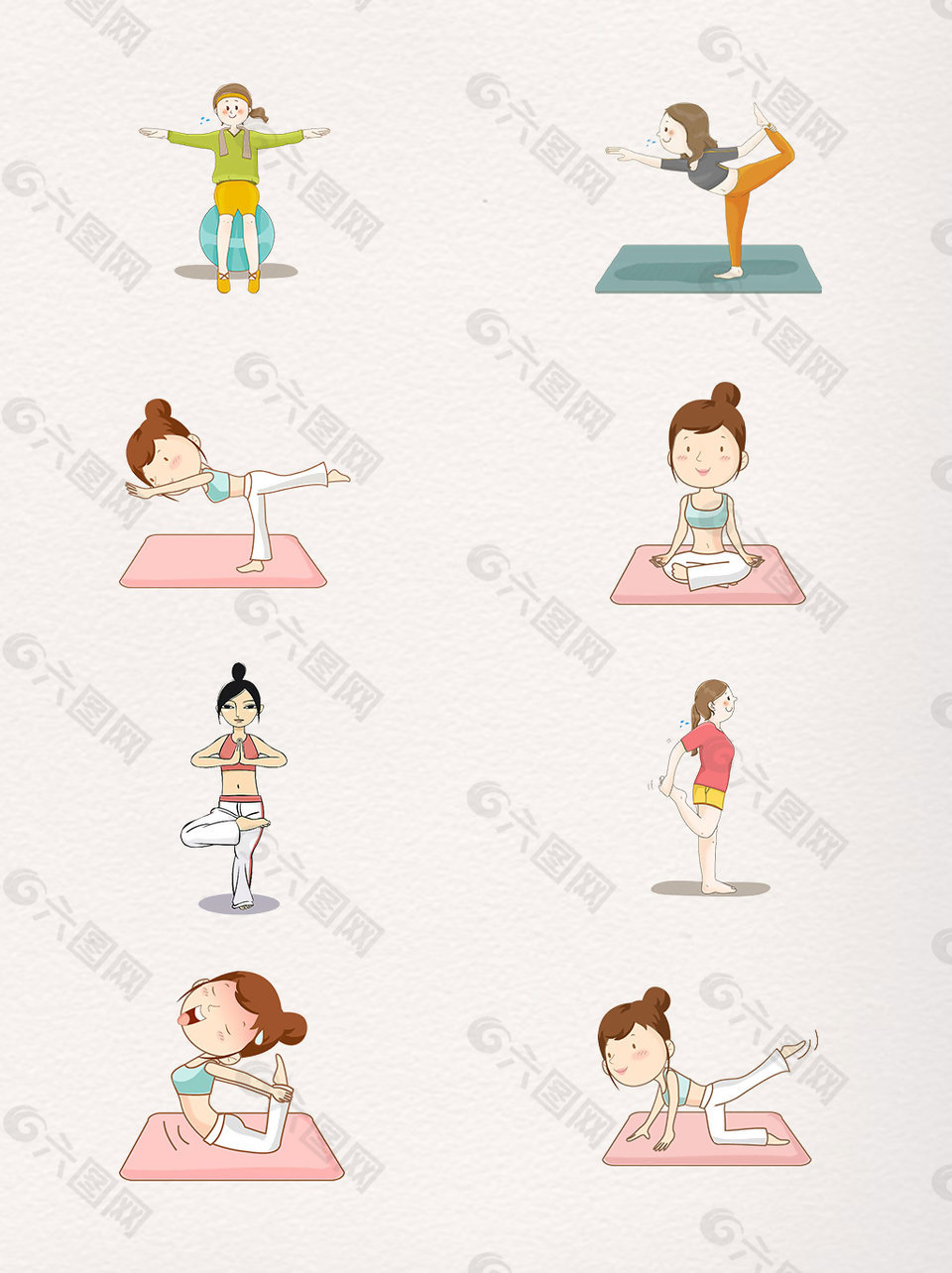 一组卡通瑜伽女生素材