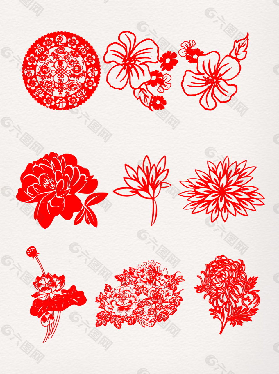 一组大红色中国风剪纸花卉窗花