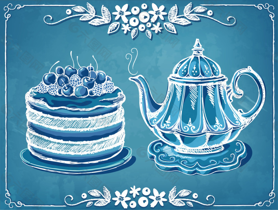 手绘蛋糕和下午茶插画