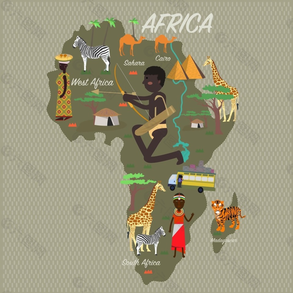 创意卡通非洲旅行地图