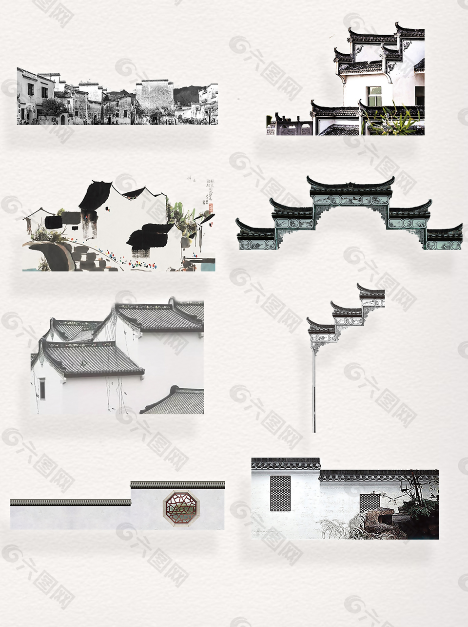 中国江山水乡黑白色徽派建筑装饰图案