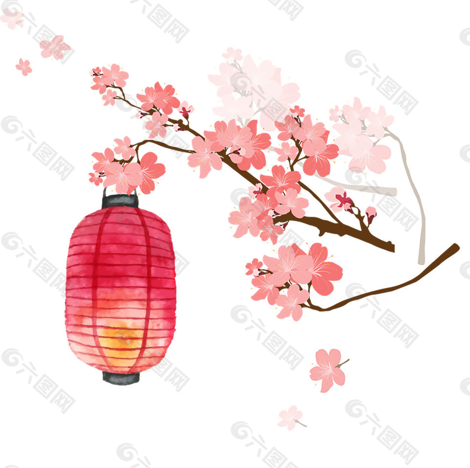 清新淡雅粉色灯笼梅花节日元素