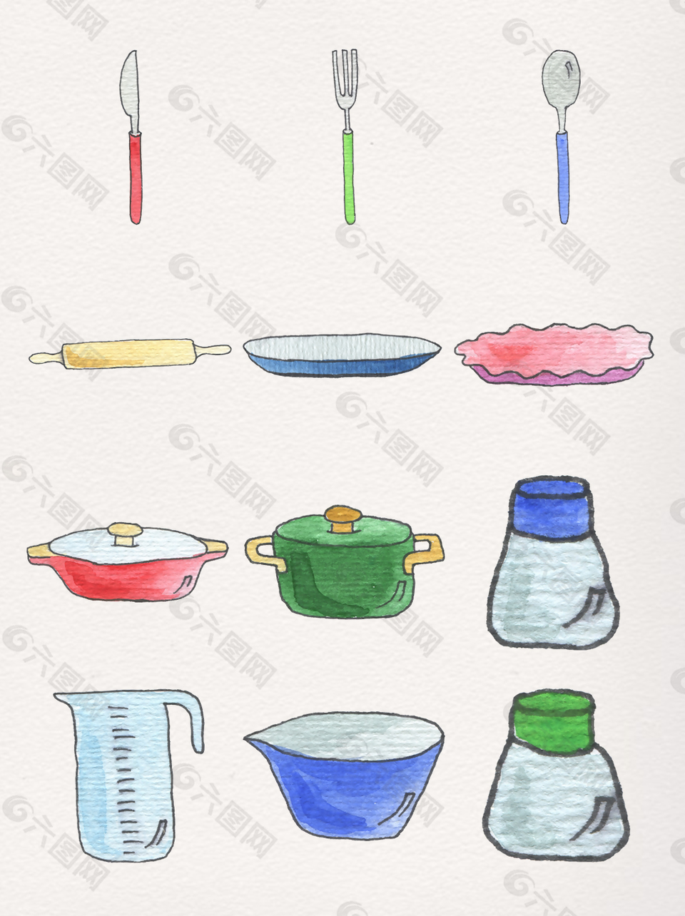 手绘水彩厨房用具卡通透明素材合集