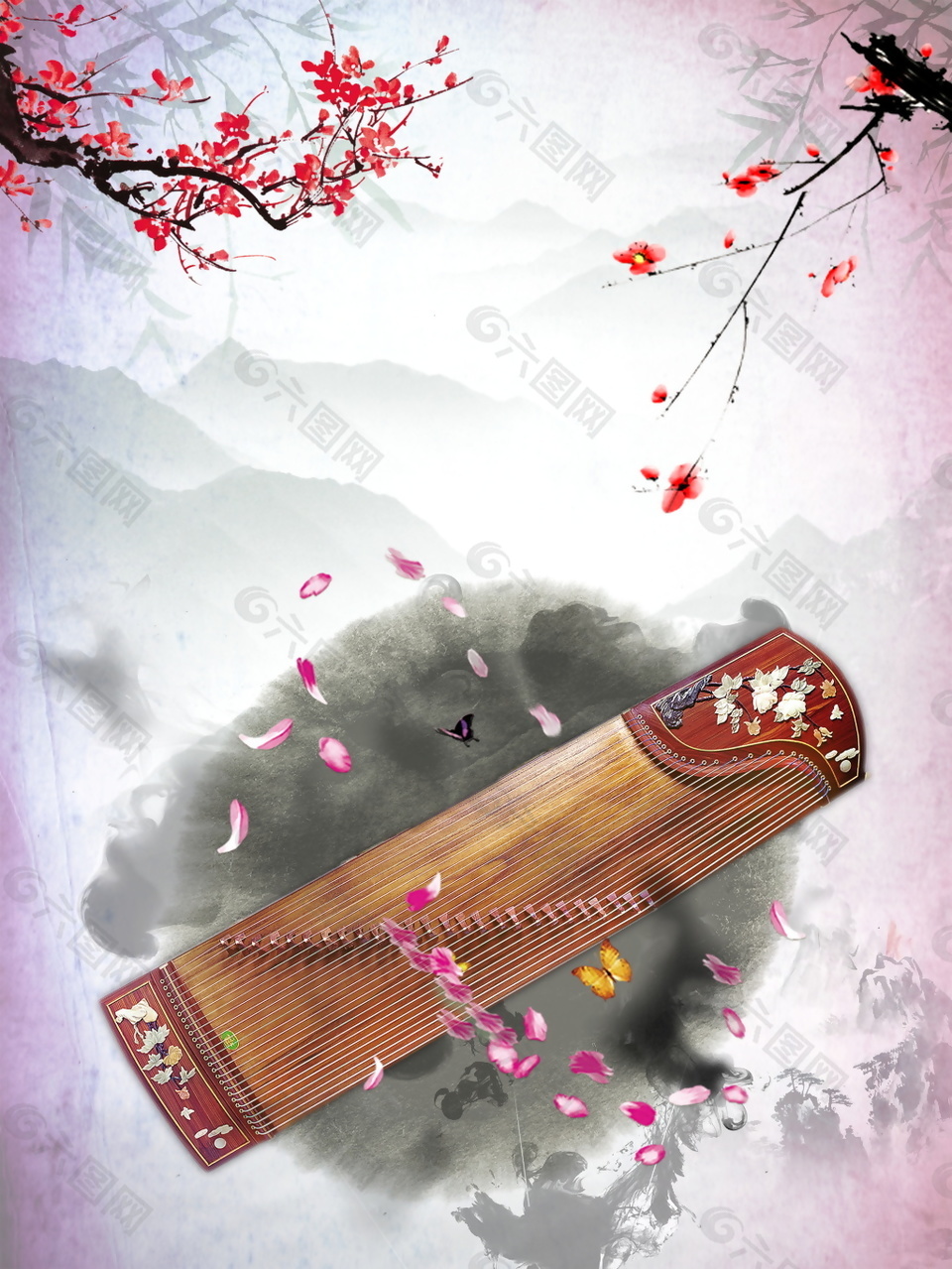 精美花朵古风古筝海报背景设计