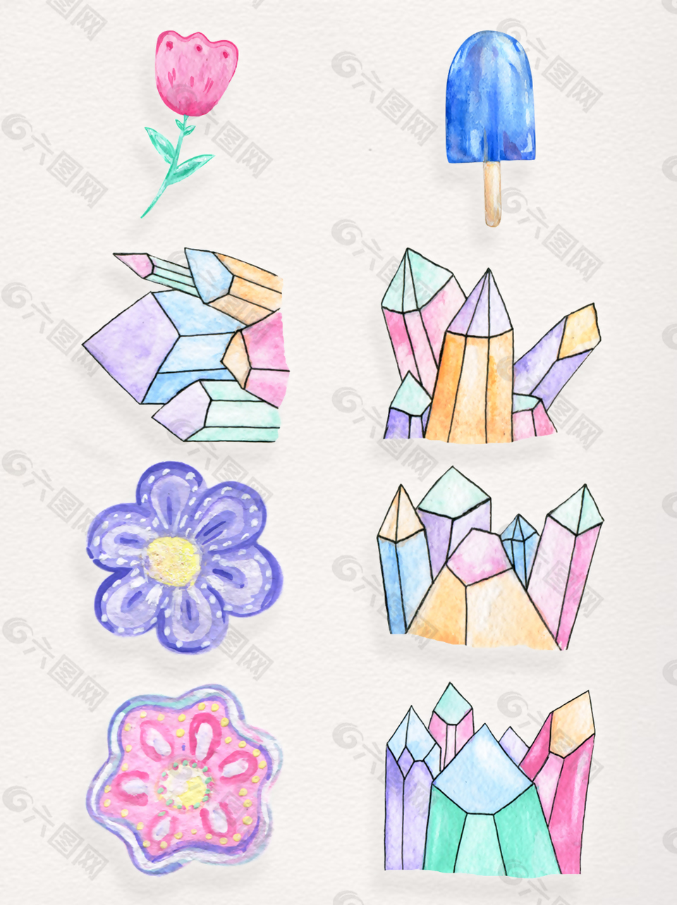 手绘可爱花朵和水晶透明装饰素材合集
