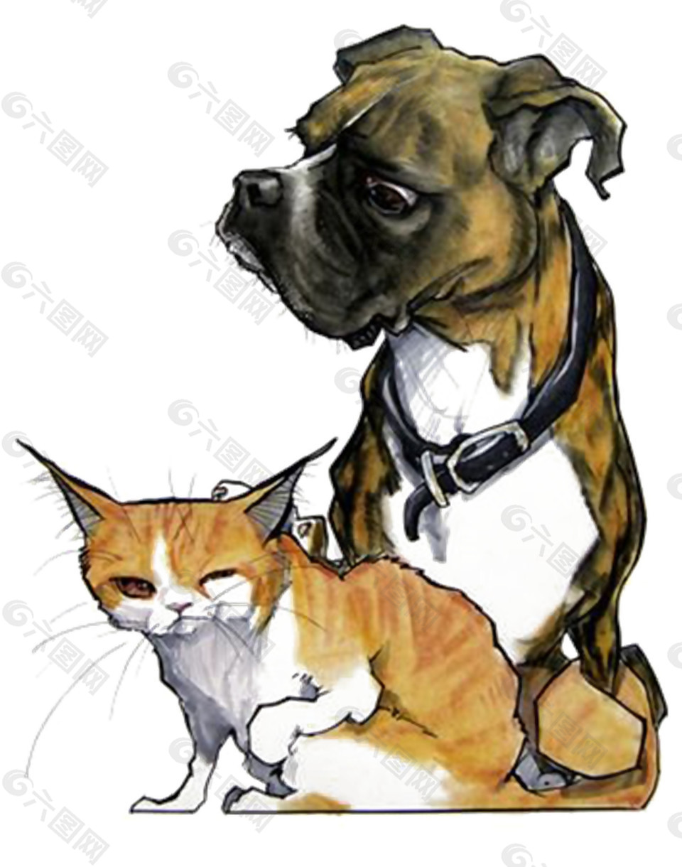 写实深色宠物猫狗卡通手绘装饰元素