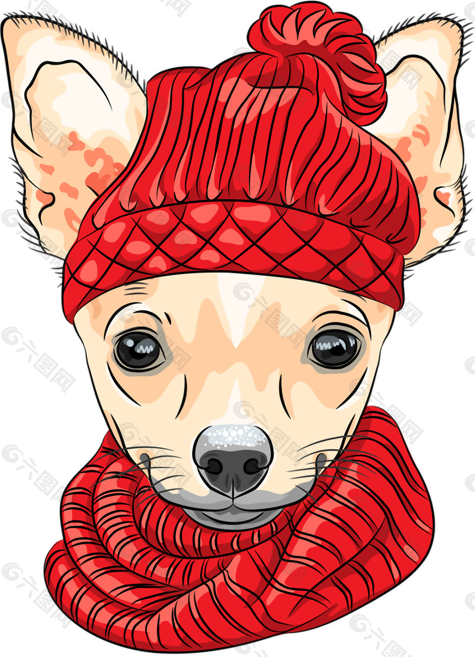 温暖红色围巾小狗卡通手绘装饰元素