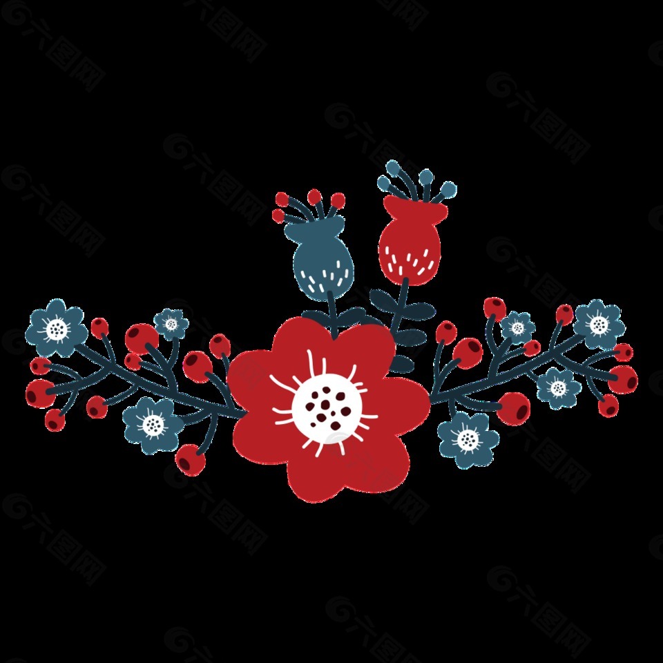 手绘红色蓝色花朵透明花朵素材