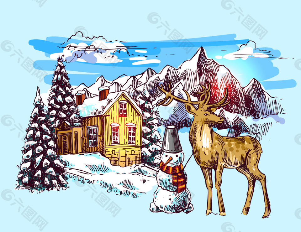 手绘冬天里的驯鹿和雪人插画