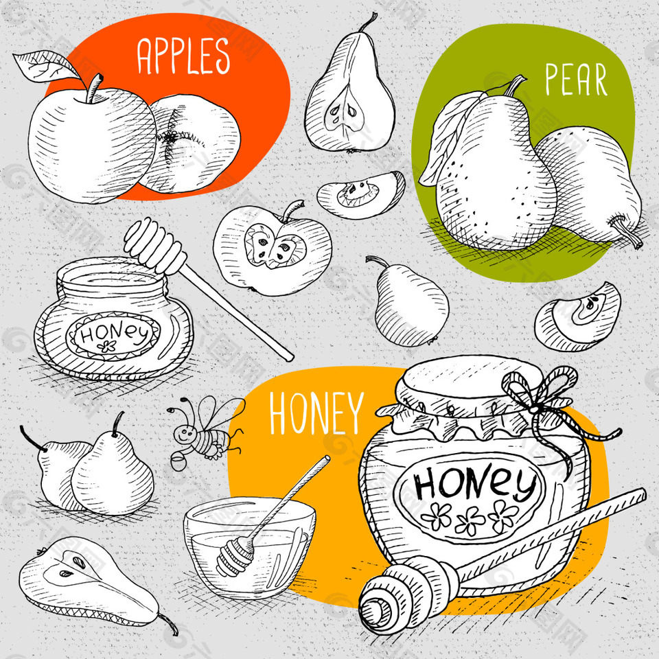 手绘美味的水果和蜂蜜