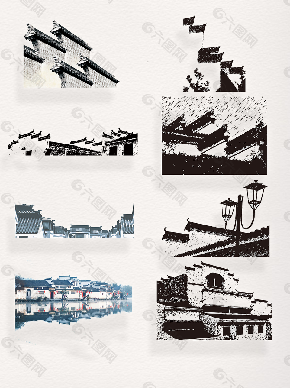 中国风马头墙徽派灰白建筑设计元素装饰图案