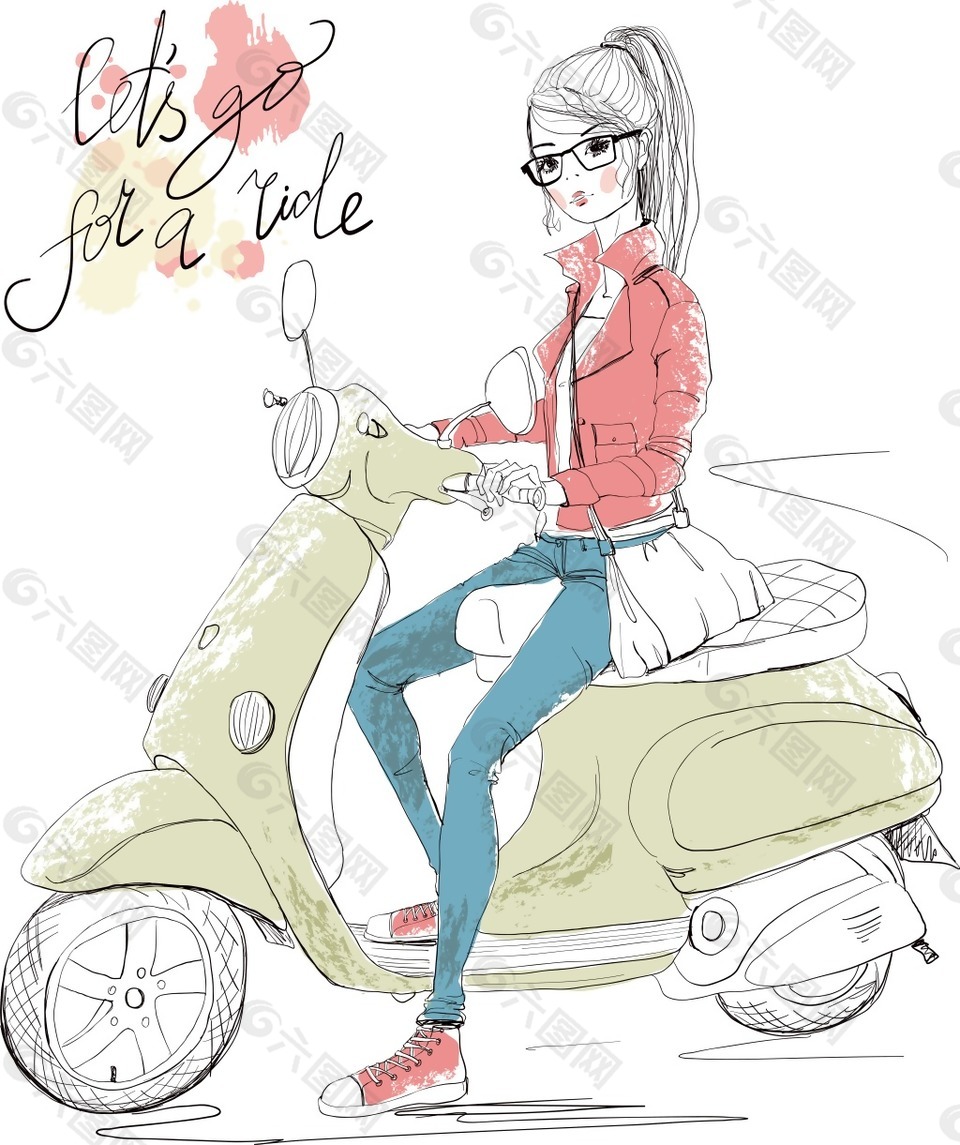 手绘骑摩托车的女生插画