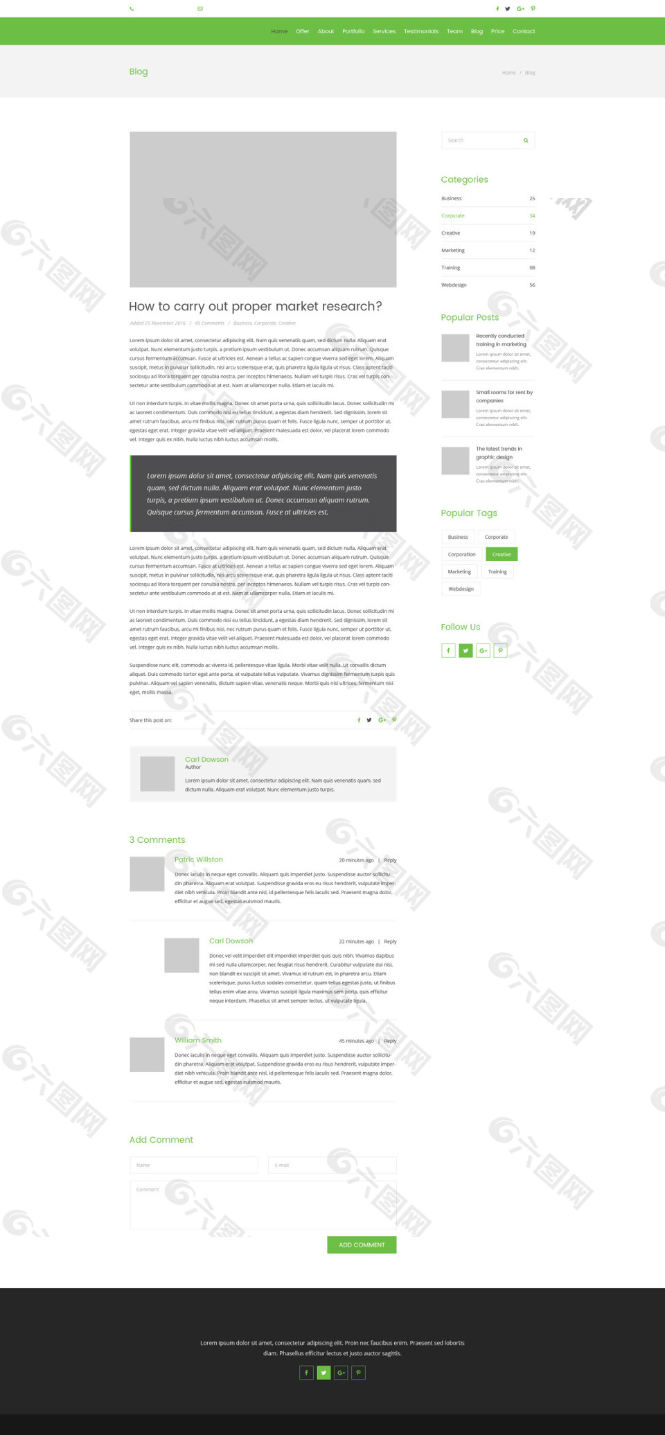 智能商务网站博客文章页面PSD模板