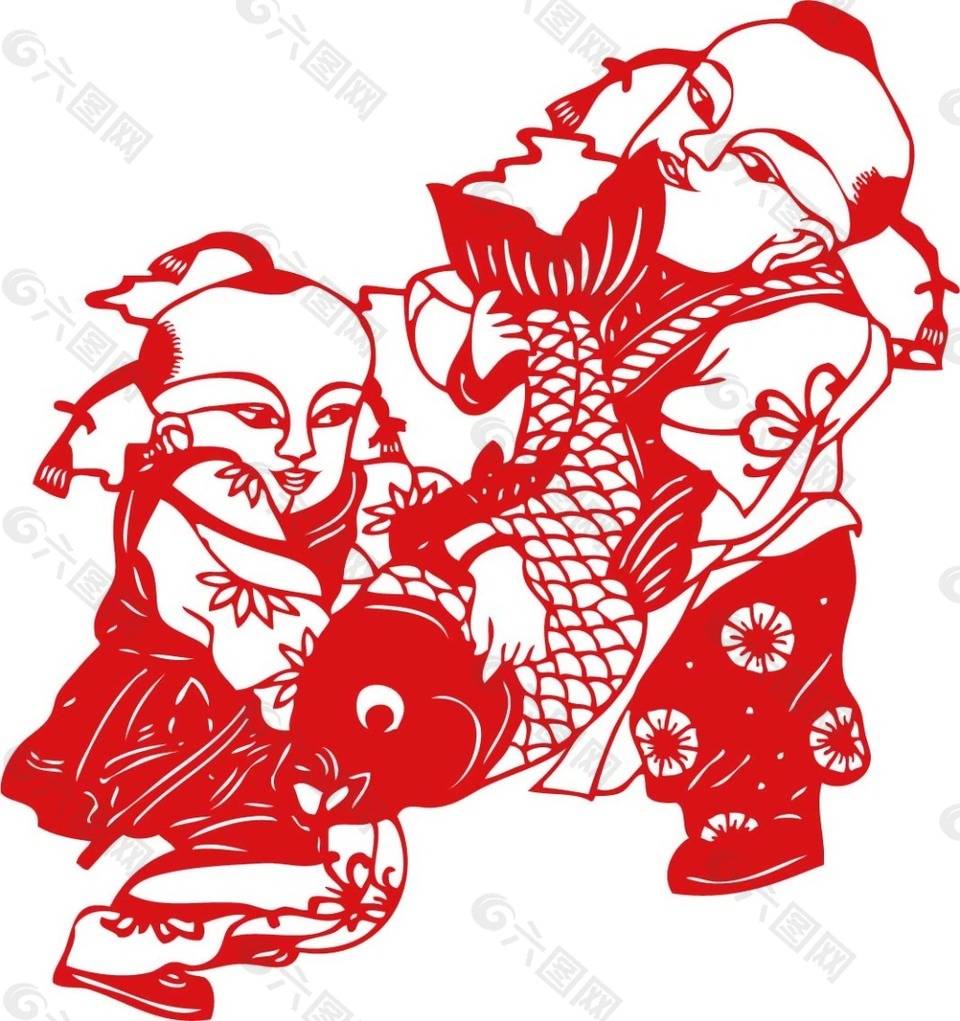 中式新年娃娃抱鱼窗花剪纸PNG元素