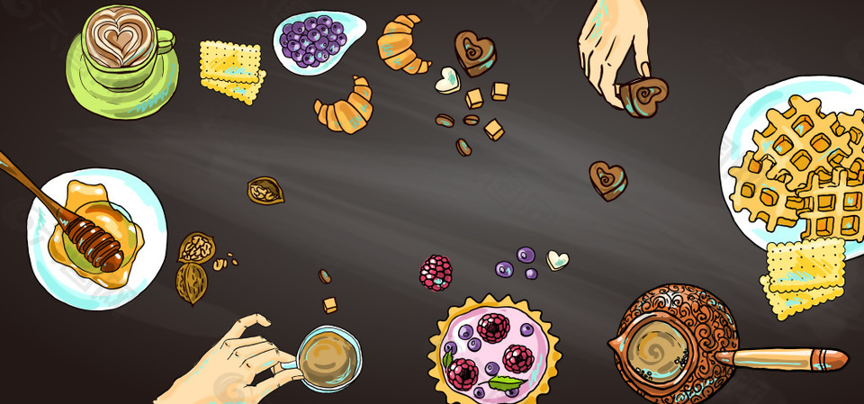 淘宝矢量卡通早餐美叶咖啡饼干蜂蜜手指海报