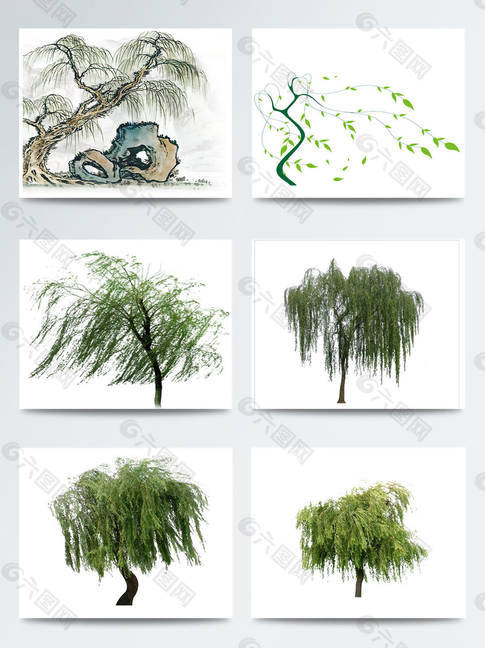 手绘柳树元素图案集合