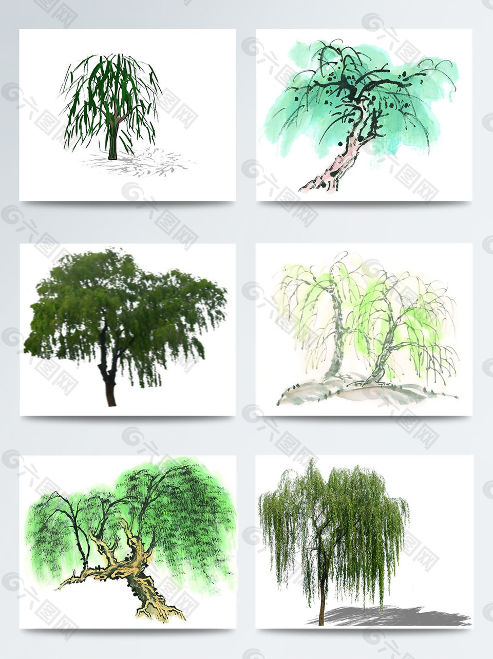 手绘柳树中国风水墨画