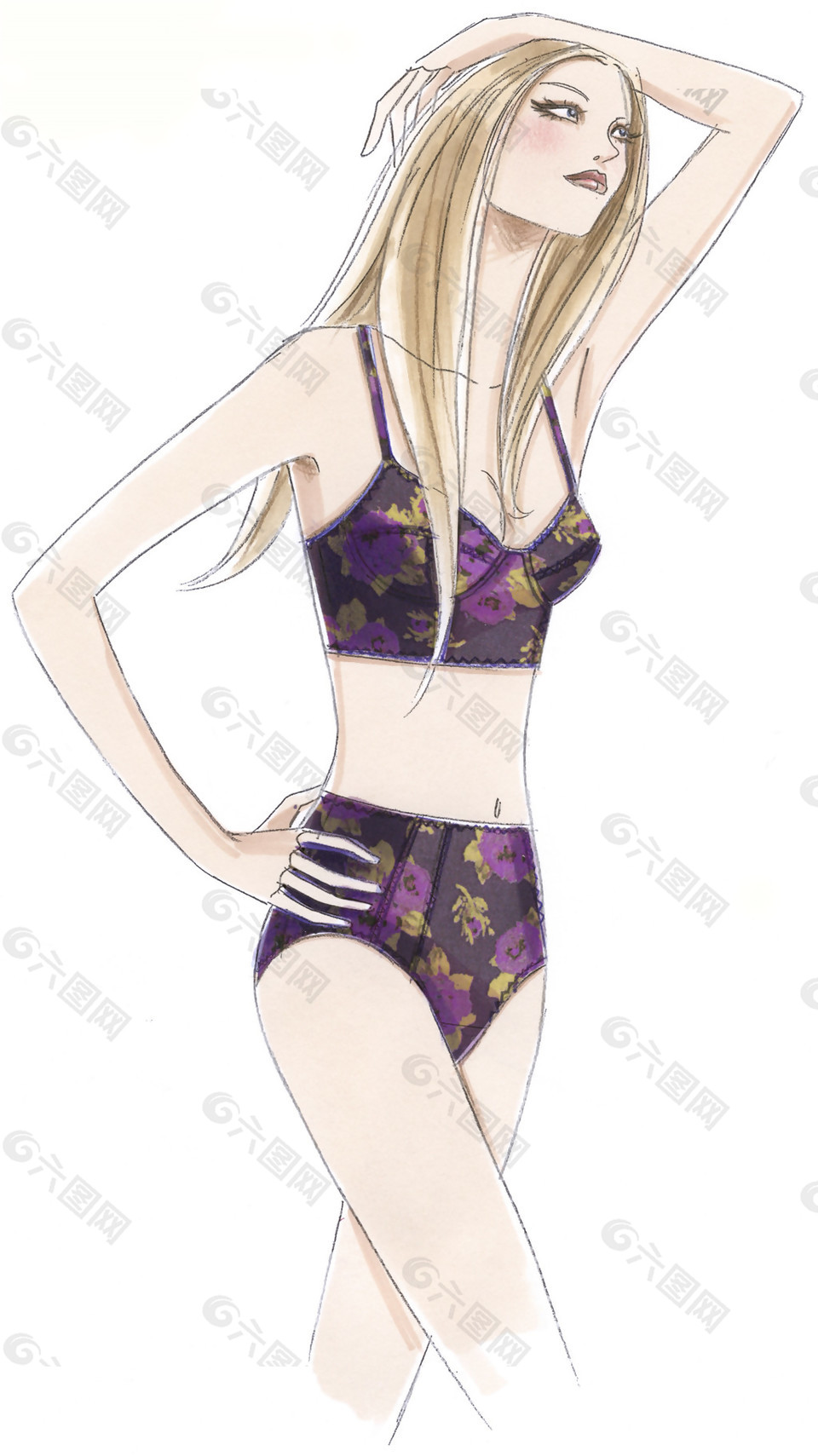 神秘风格紫色花纹内衣套装服装效果图