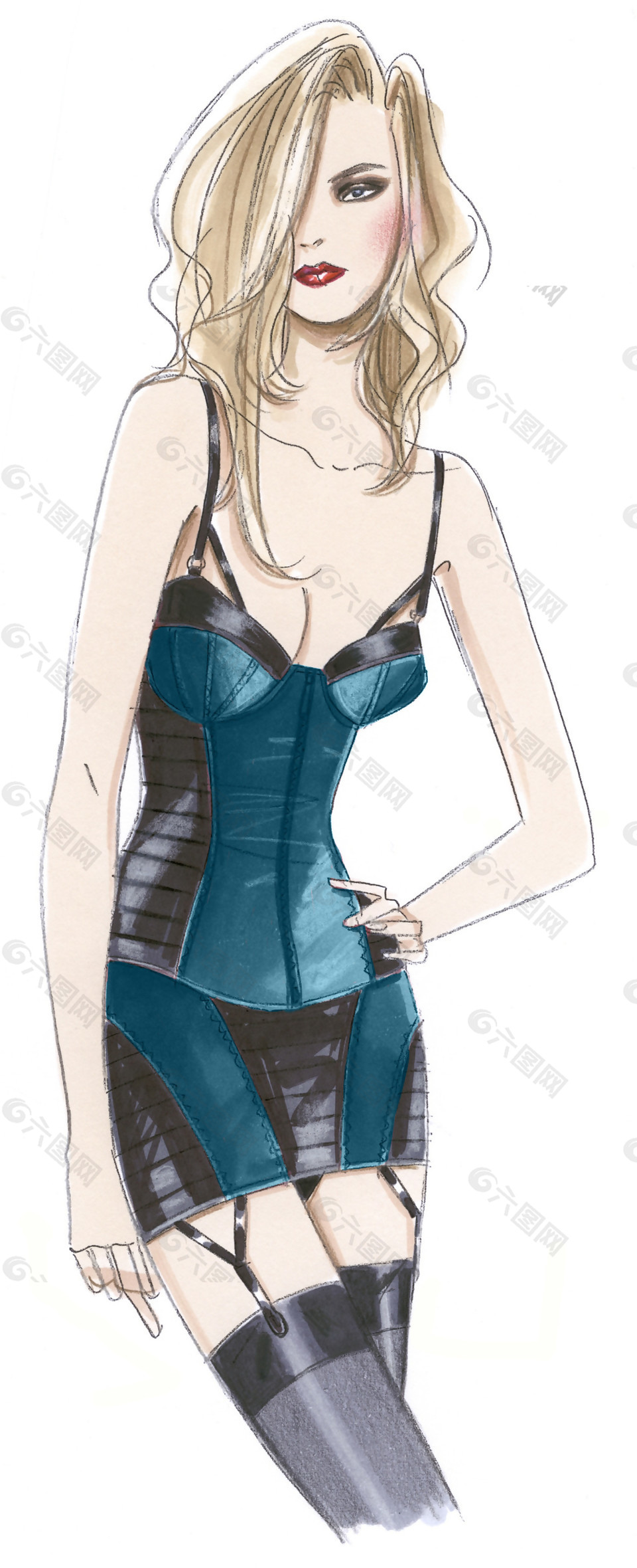 性感蓝色情趣内衣套装女士服装效果图