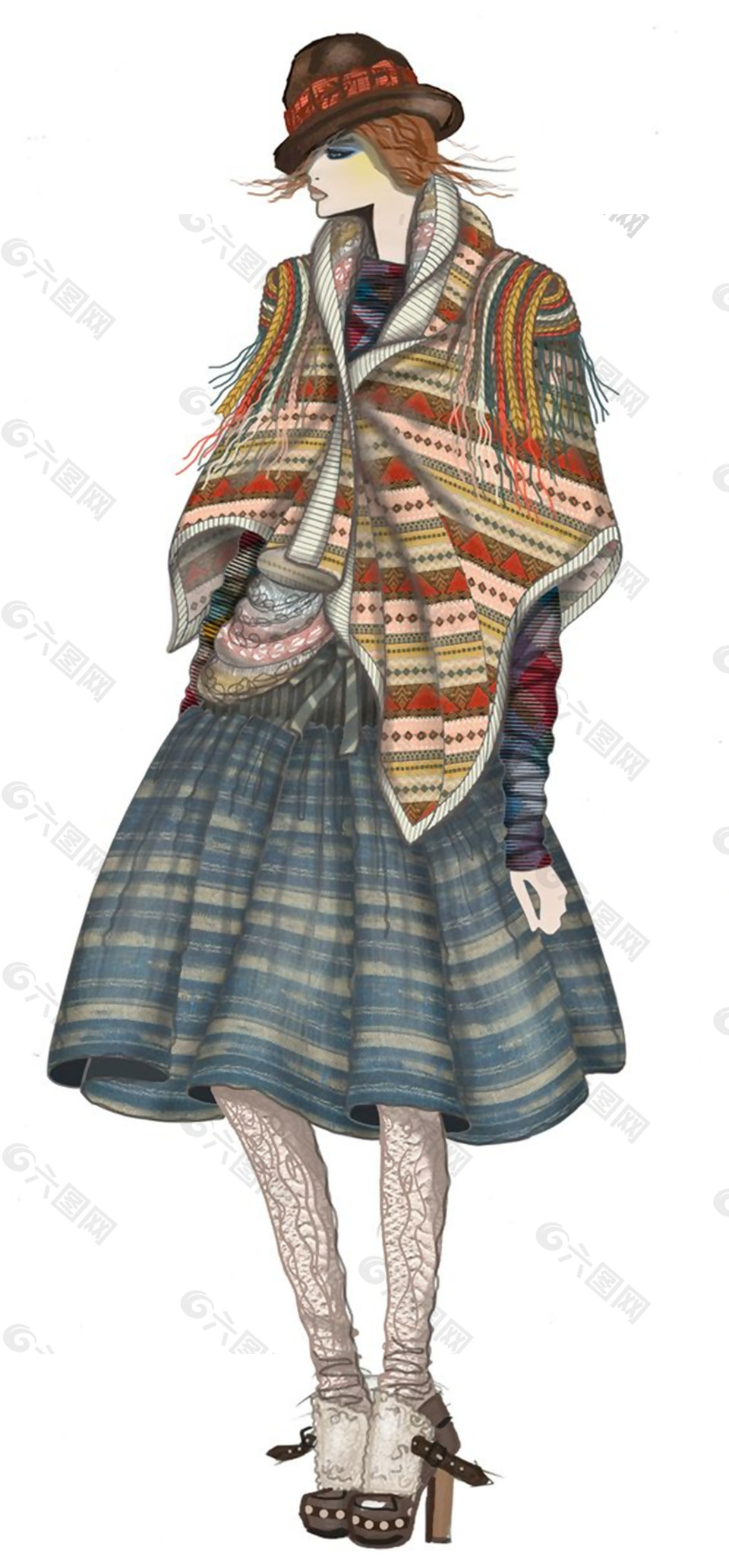 民族风花纹披肩女装效果图