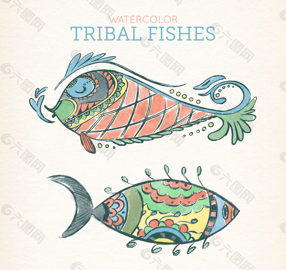 2款彩绘花纹鱼类设计矢量图