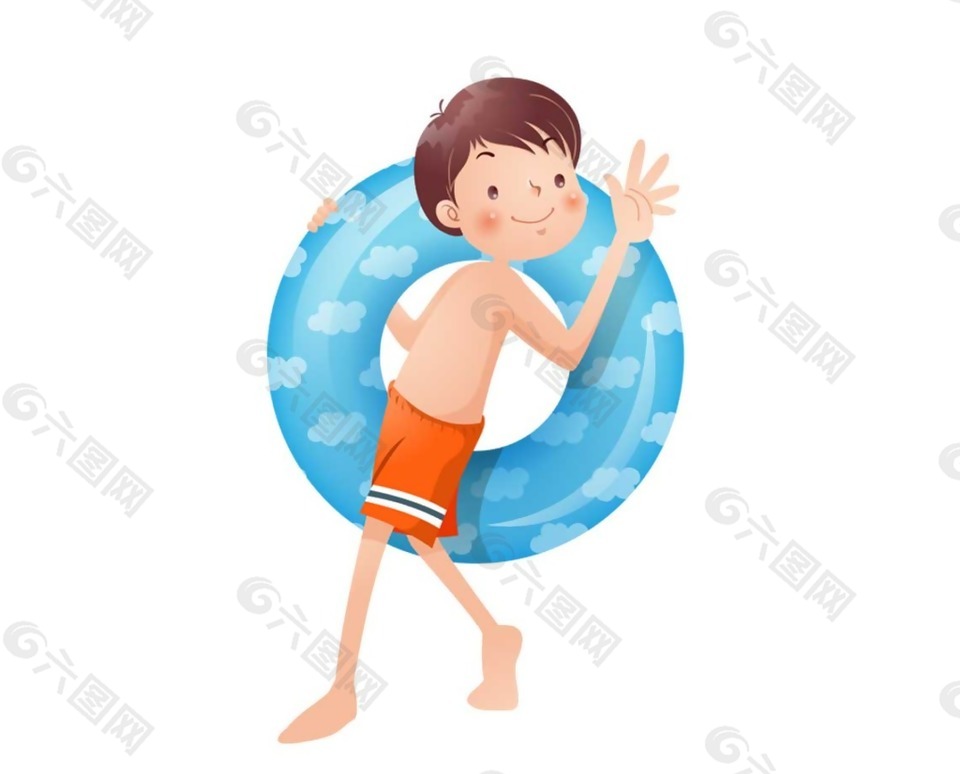 卡通男孩拿游泳圈png元素