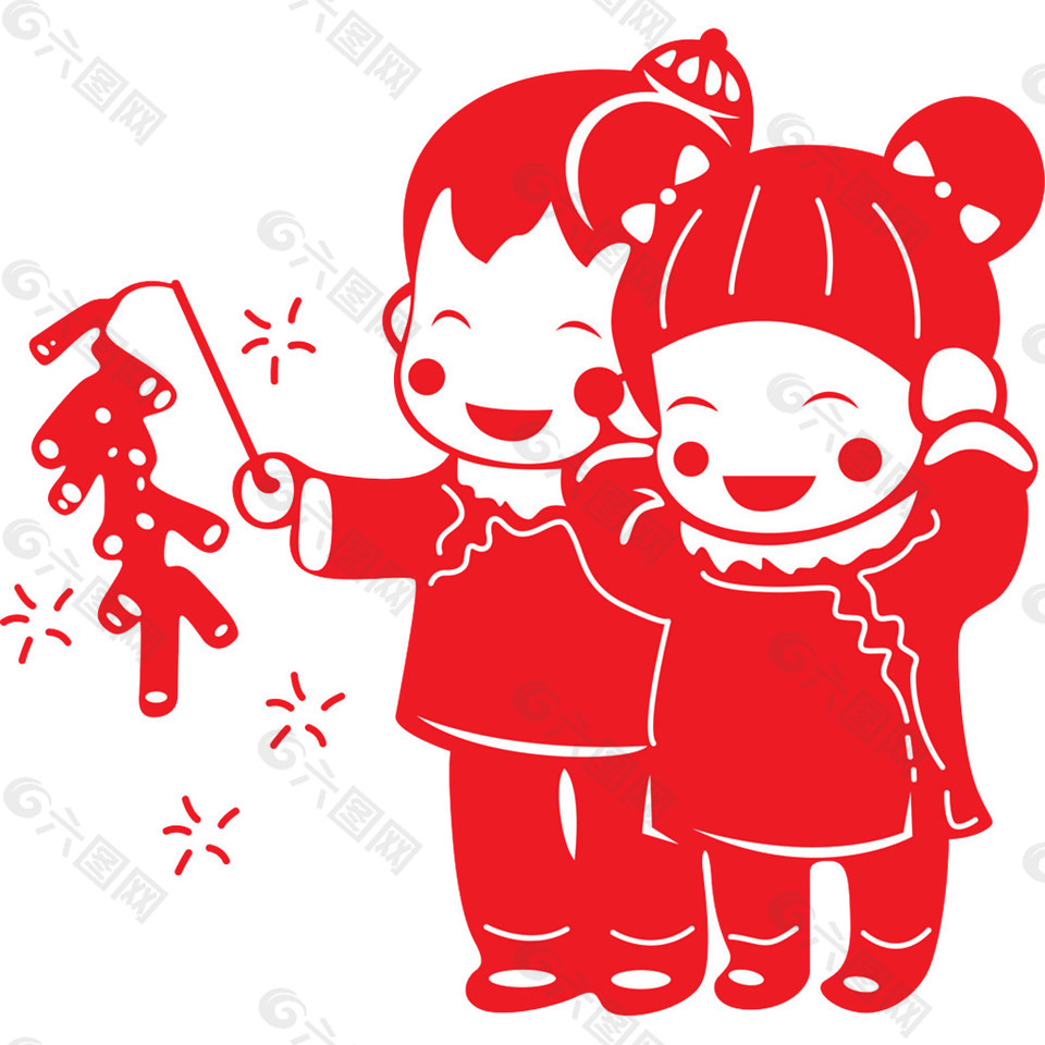 新年放鞭炮的小孩子剪纸素材