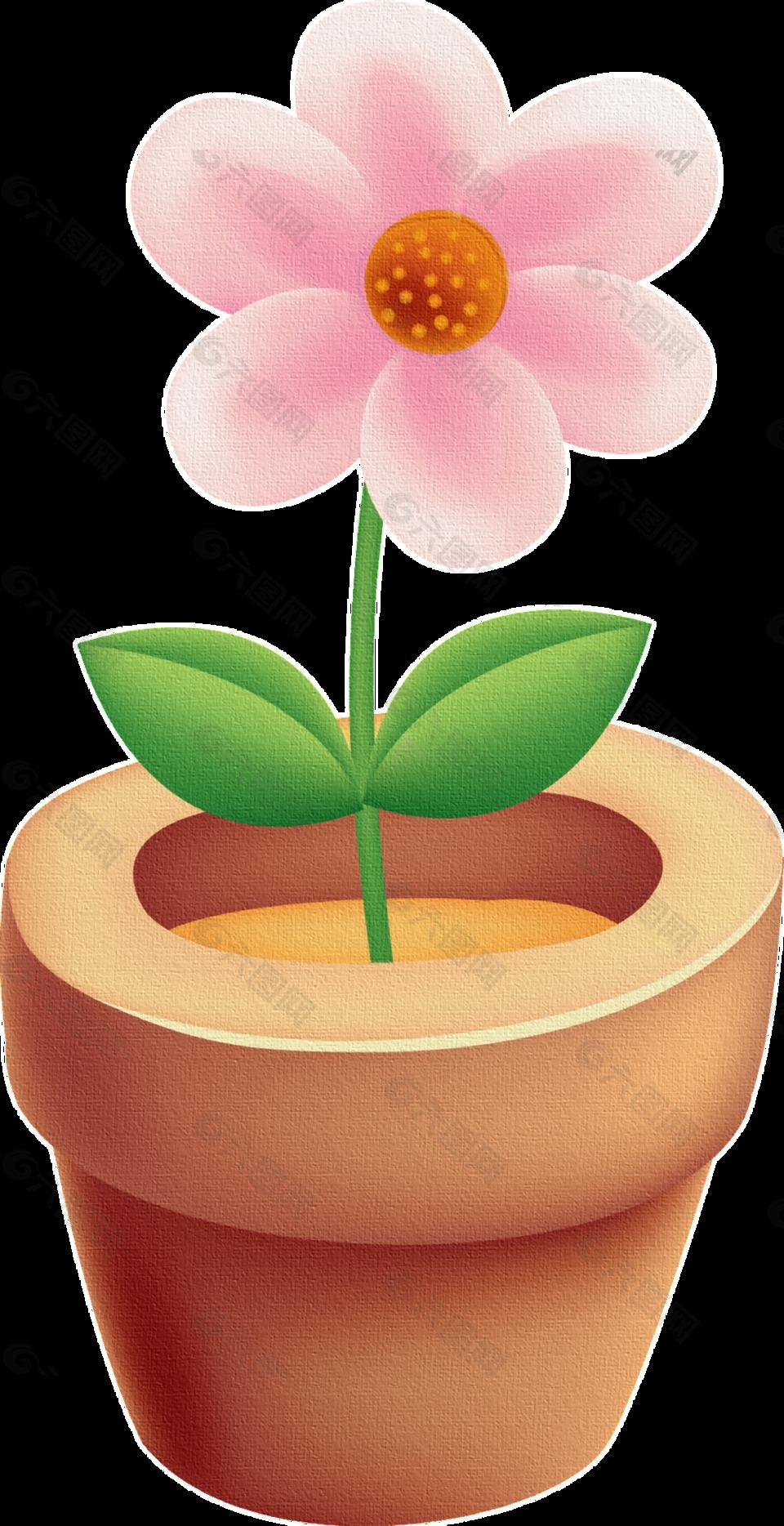 手绘一盆一朵花的盆栽透明素材