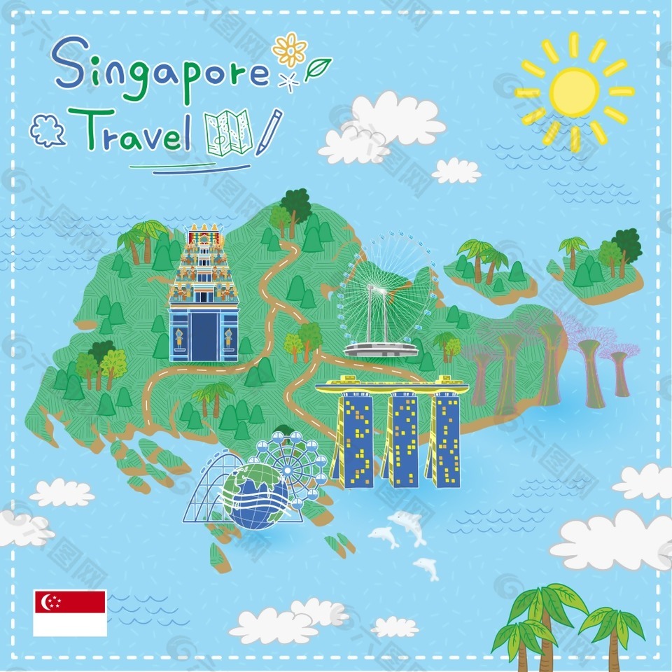 手绘矢量旅游新加坡景点地图圣淘沙海报背景