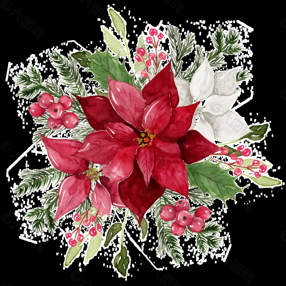 水彩装饰红色花卉免抠图素材