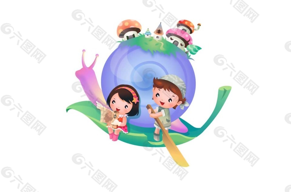 梦幻卡通蜗牛小房子儿童插画png元素