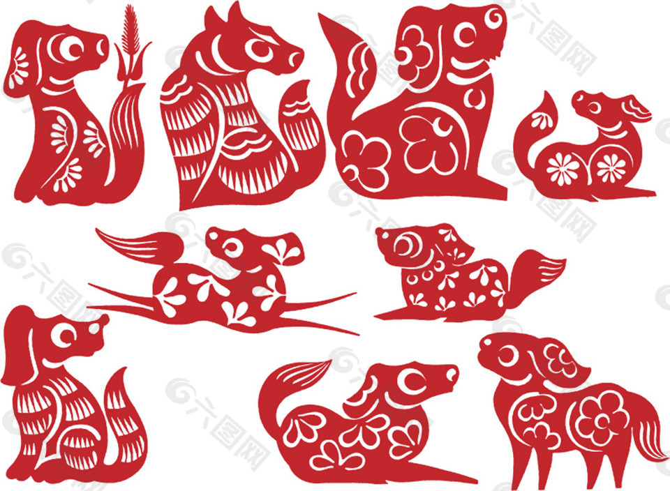 红色动物剪纸元素