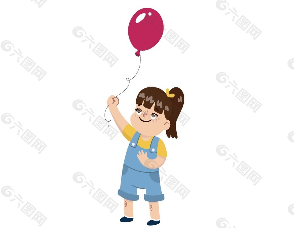 卡通女孩手拿红色气球插画png元素